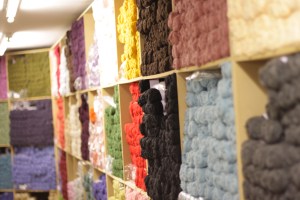 Wall of yarn at Jamieson & Smith